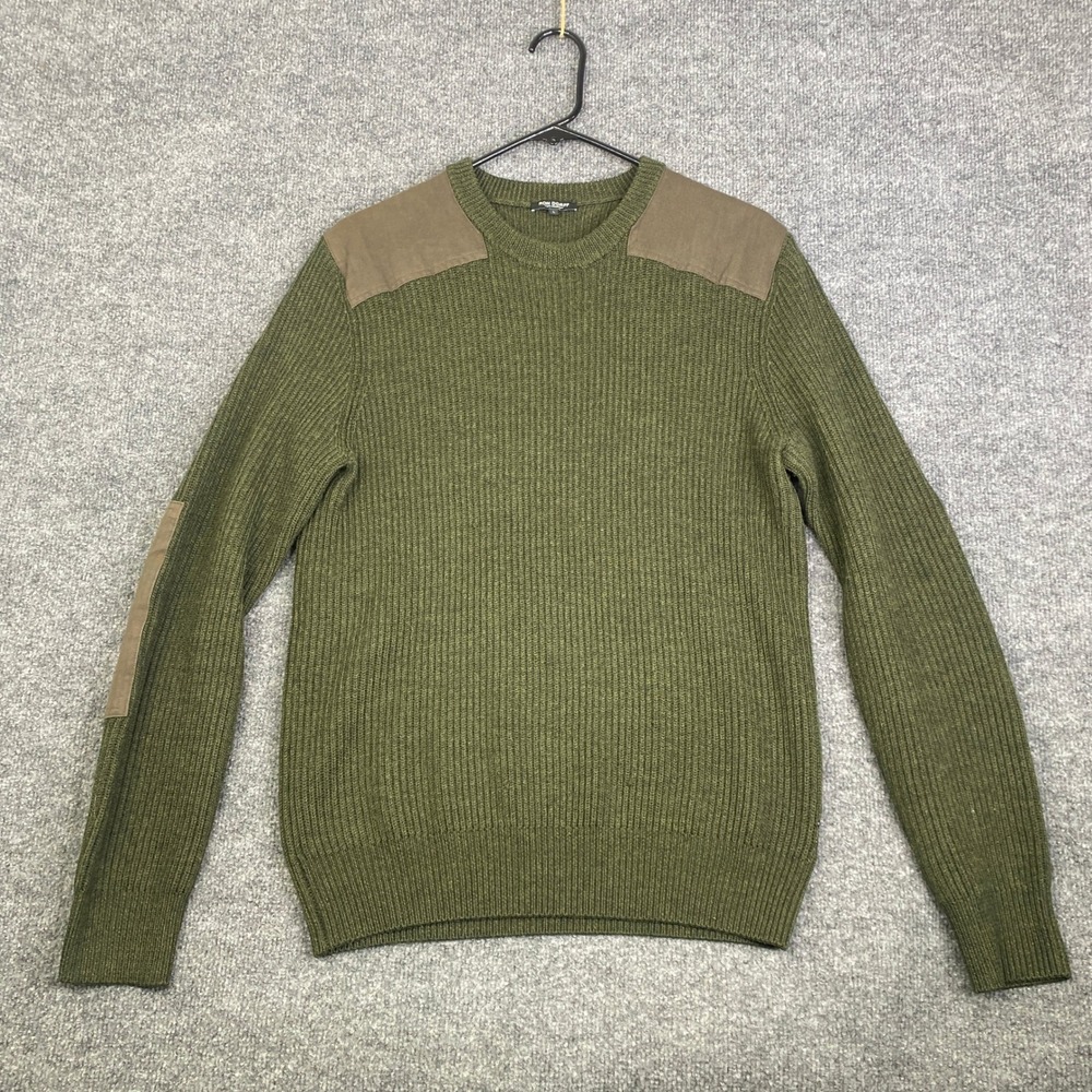 Ron Dorff Mens 100% Wool Ribbed Military Sweater Olive Green Patches L 08SW1502